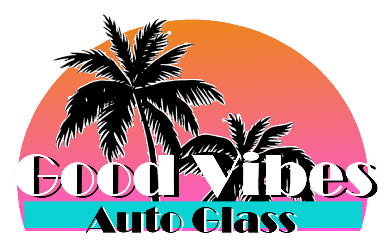 The Good Vibes Auto Glass Logo, a sunset behind a silhouette of palm trees, with text in front.